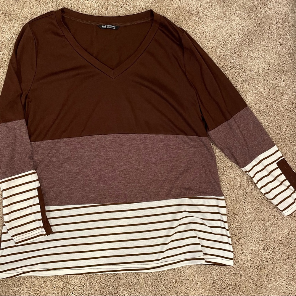 BloomChic Brown and Cream Striped V-Neck Top